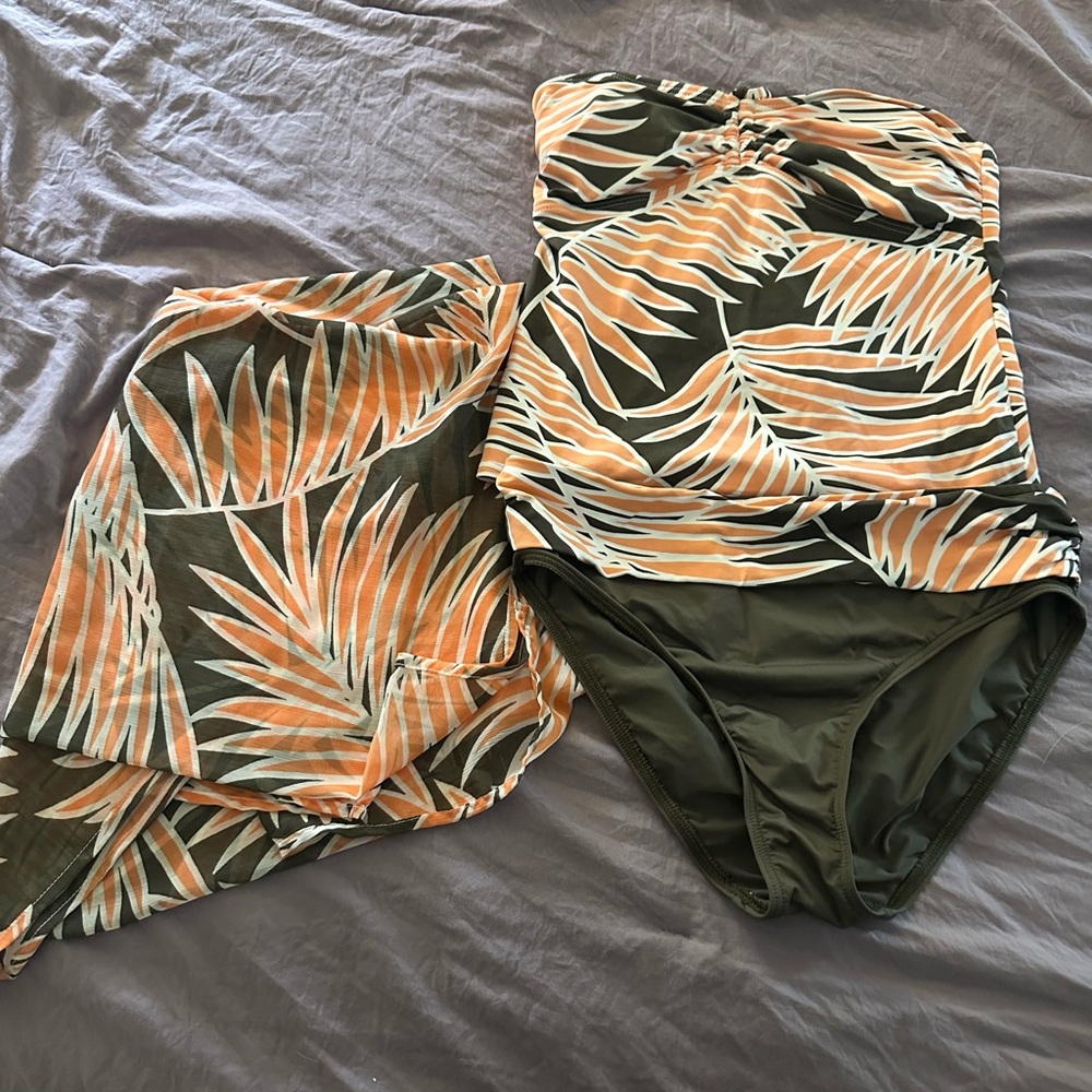 Tommy Bahama Olive and Orange Palm Tankini with sarong